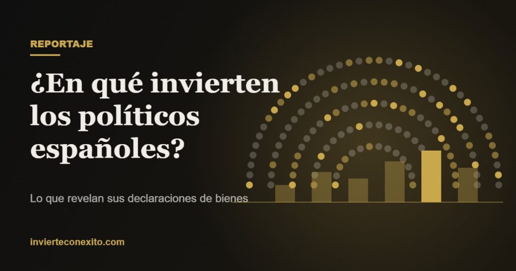 Hemiciclo de puntos y gráfico de barras sobre fondo oscuro con el título En qué invierten los políticos españoles