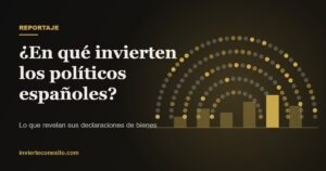 Hemiciclo de puntos y gráfico de barras sobre fondo oscuro con el título En qué invierten los políticos españoles